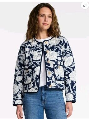 Time and Tru Navy & White Floral Quilted Bomber Jacket